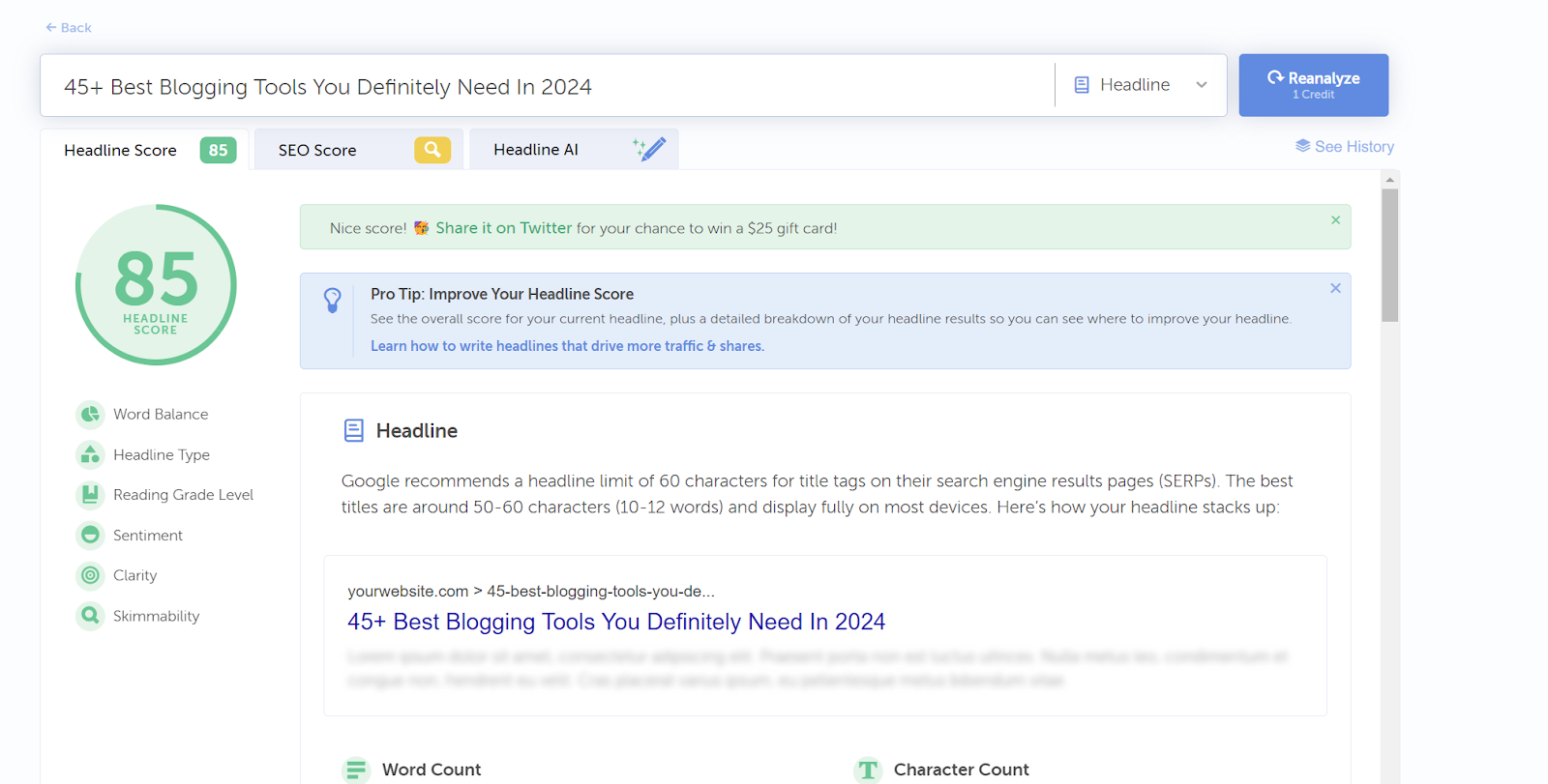 Screenshot of CoSchedule Headline Analyzer