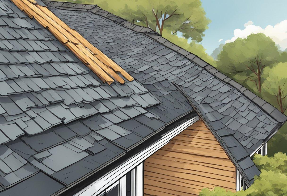 A damaged roof with missing or broken shingles, exposing the underlying structure. Surrounding areas show signs of water damage and potential leaks