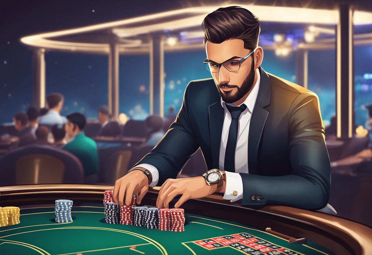 A professional player at an online casino, focused and confident, with a winning hand of cards or a spinning roulette wheel