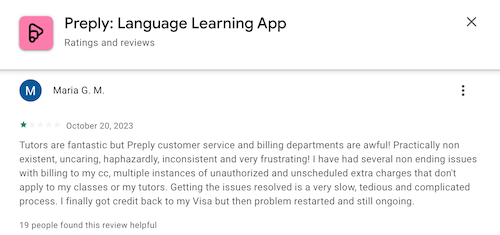 A 1-star Google Play review from a Preply student who loved the tutors but was frustrated with extra charges and difficulty getting help from customer service. 