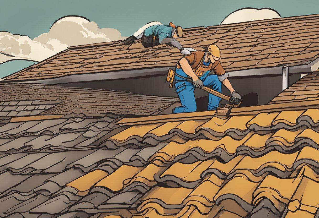 A worker repairing a leaky roof with the AZTEC Roofing logo, showcasing the best roofing repairs in town