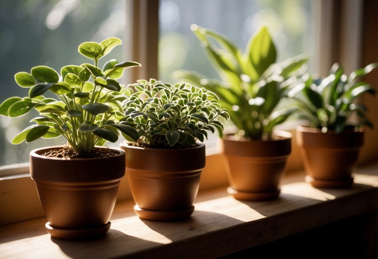 Sunlight streams through a window, illuminating a variety of houseplants placed on a wooden shelf. Some plants are basking in the light, while others are strategically positioned to receive indirect sunlight