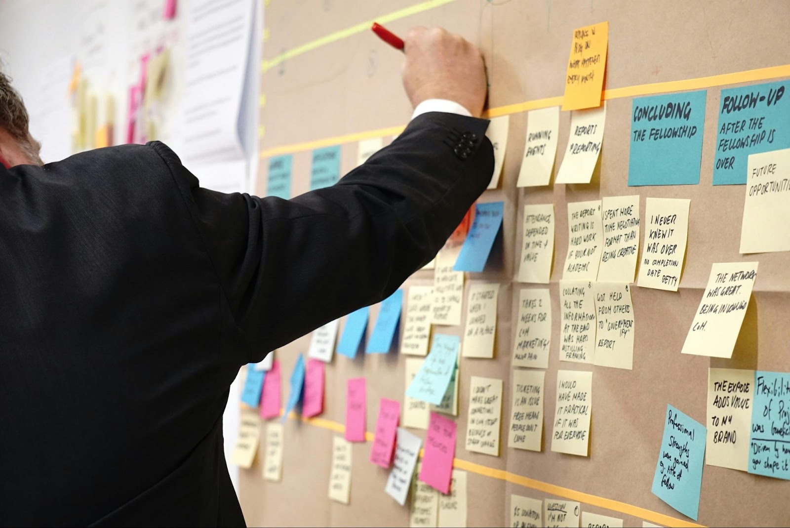 a person writing on a board