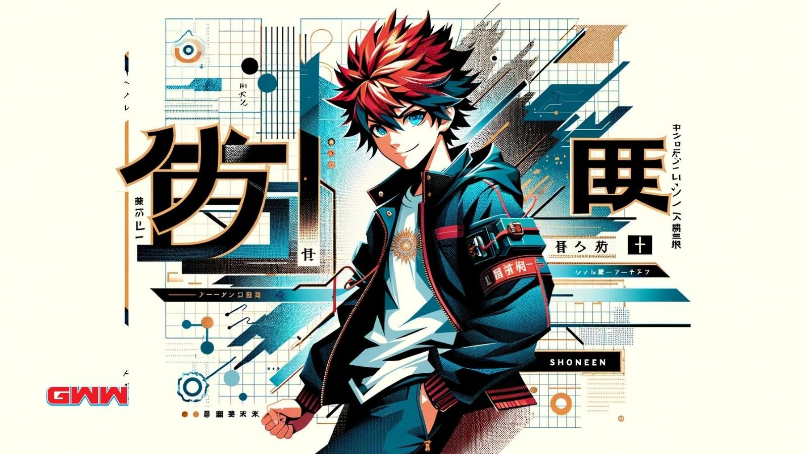 Graphic of 'Shōnen' with anime boy in red hair
