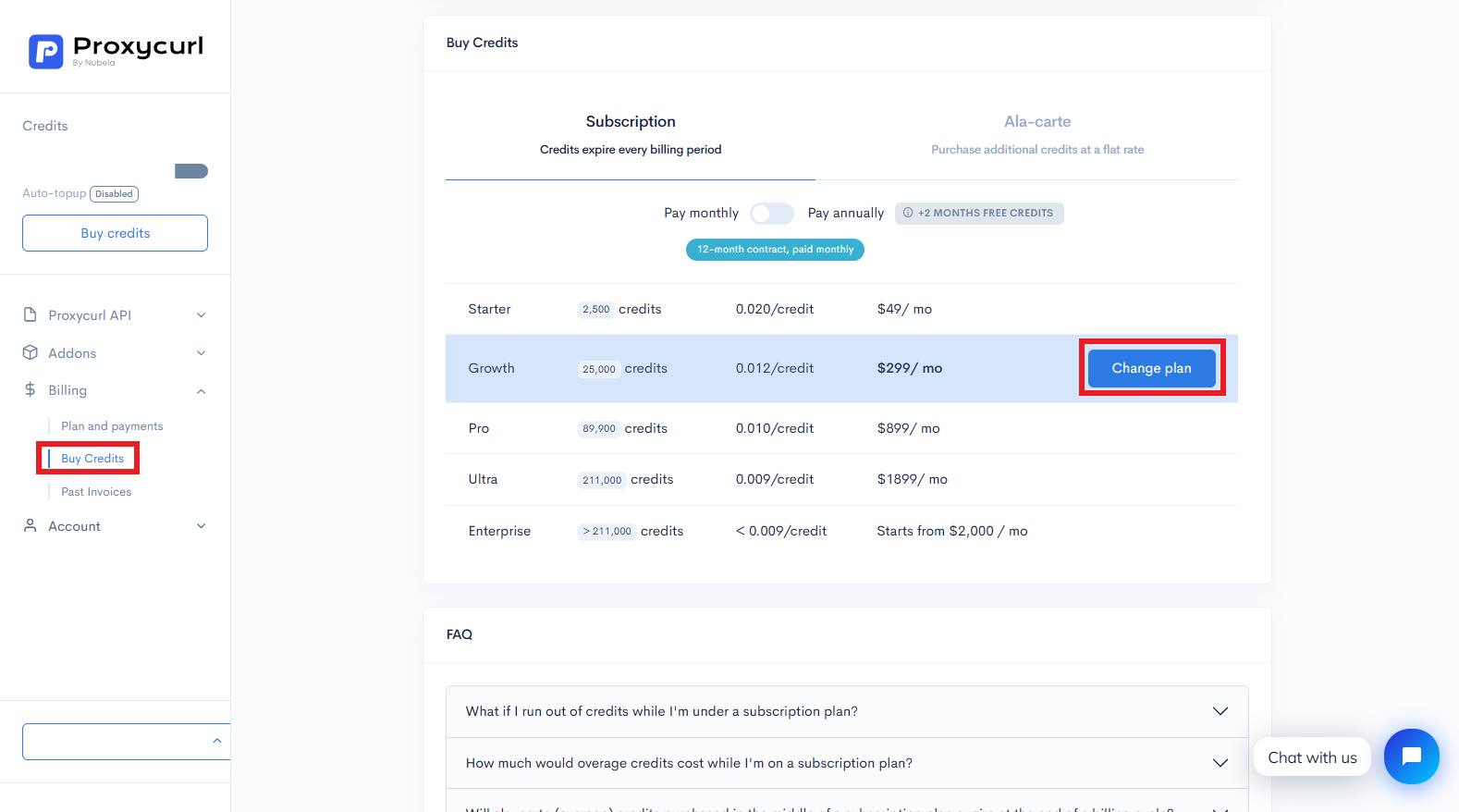 Upgrade plan on Proxycurl dashboard