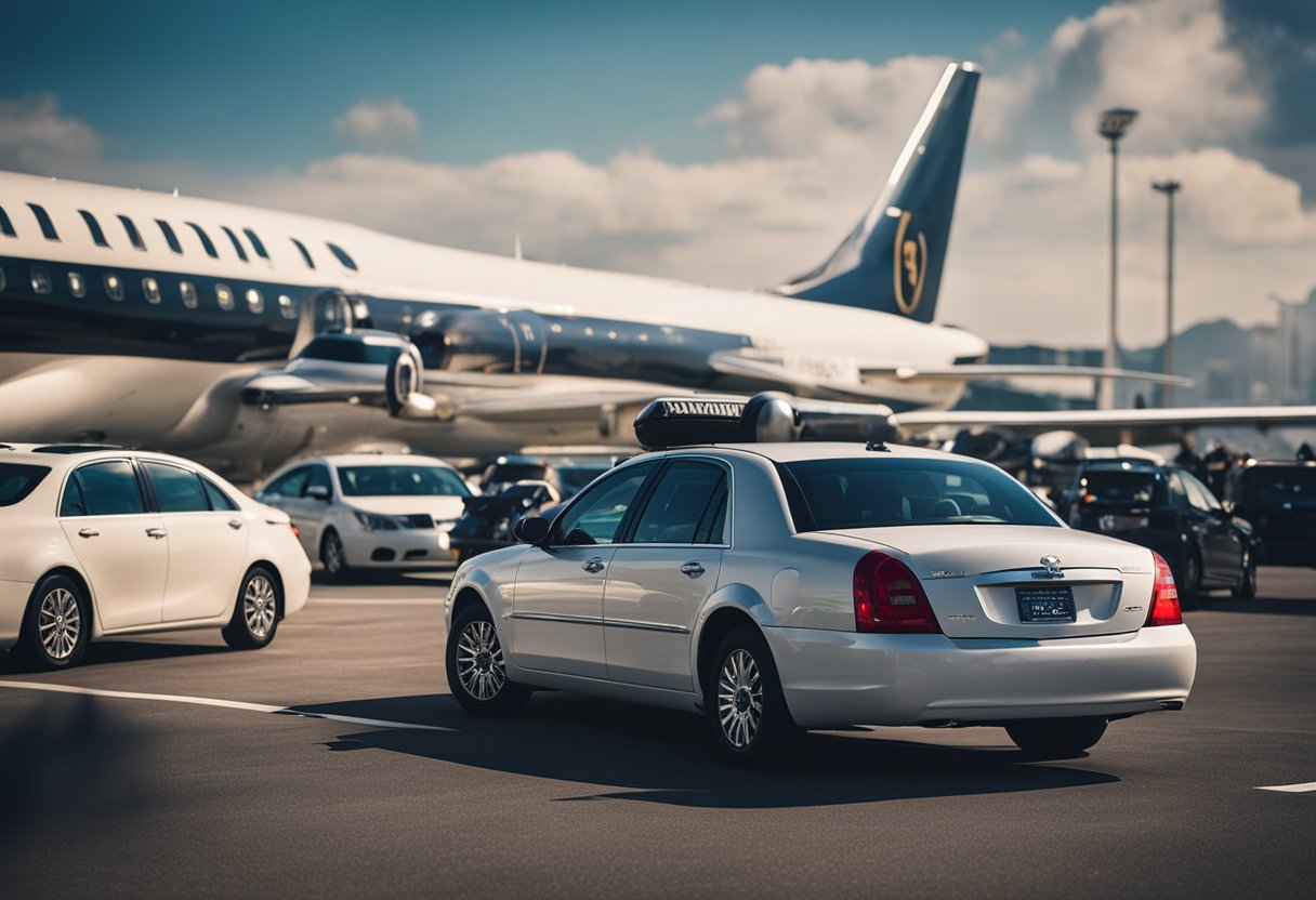 A private car waits outside a busy airport terminal, while other transportation options like taxis and shuttles are lined up nearby