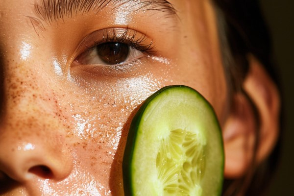 girl treating sunburnt skin with cucumber