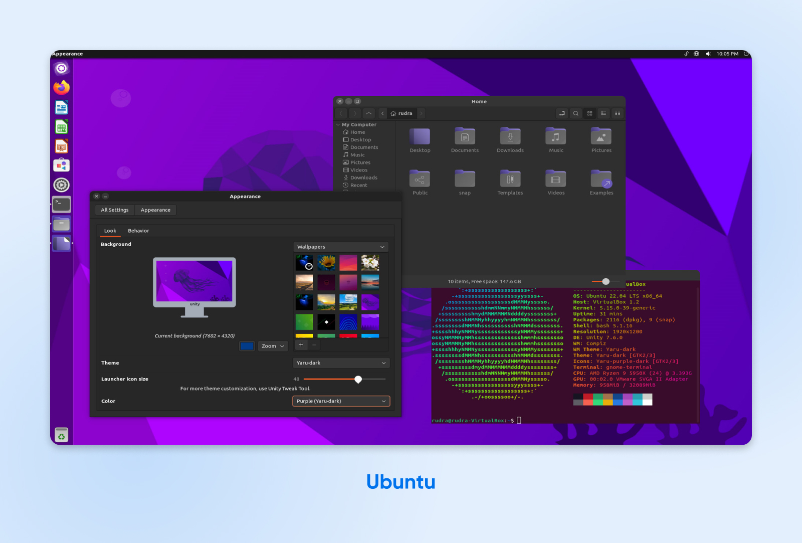 La configuración de apariencia del escritorio de Ubuntu muestra opciones para personalizar la pantalla de bloqueo, el tema, etc. La ventana de terminal muestra información del sistema.