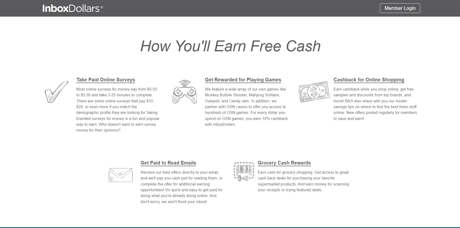 The InboxDollars website featuring the ways you can earn cash, including surveys, games, shopping, and reading email.