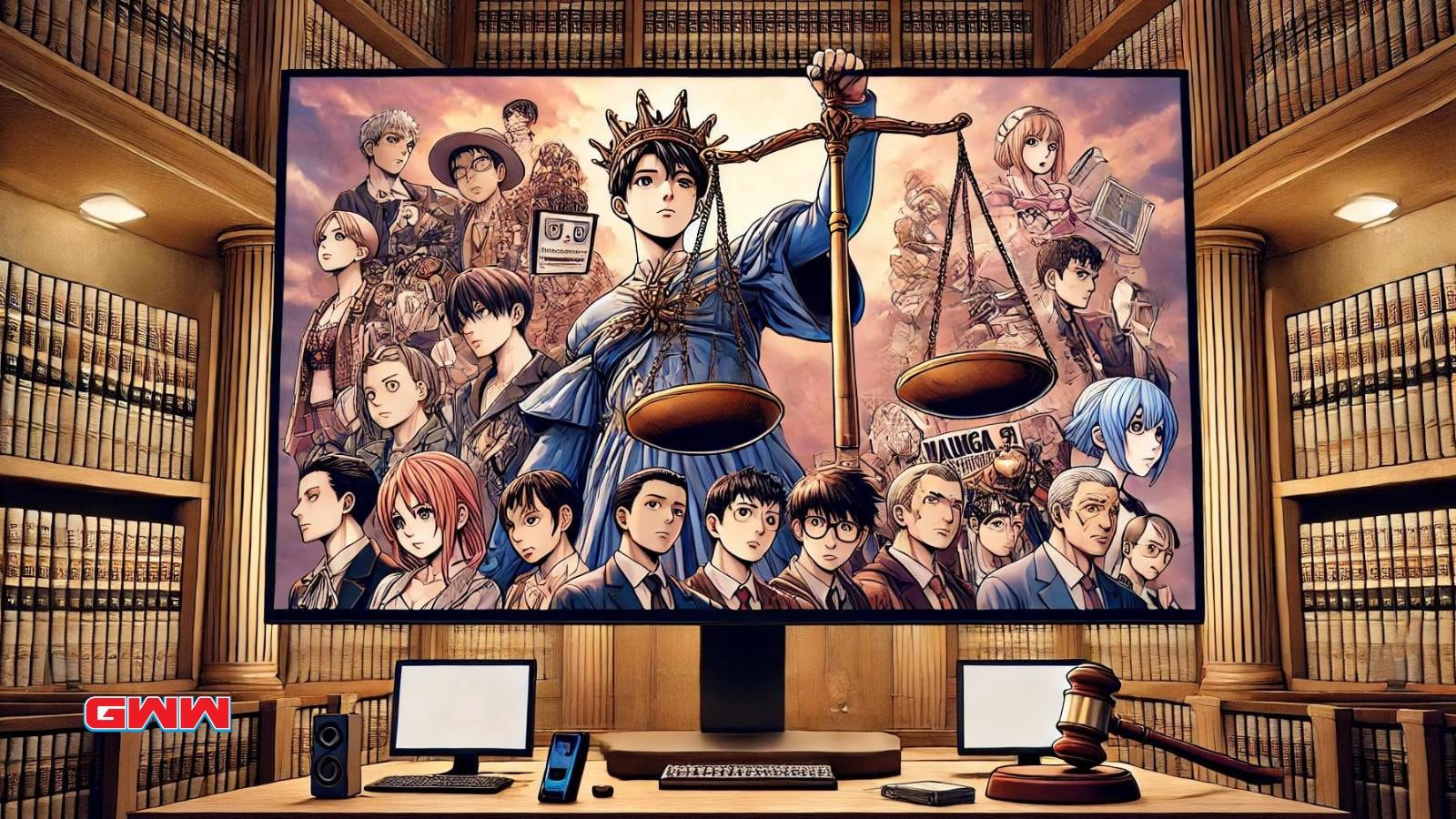 A widescreen illustration depicting the legal question surrounding Manga Park.