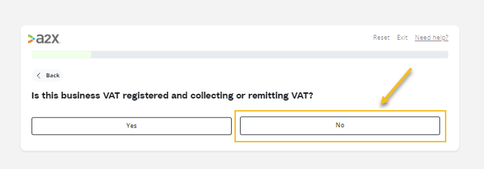 A screenshot of the A2X VAT mapping questionnaire: Is your business collecting and remitting VAT?