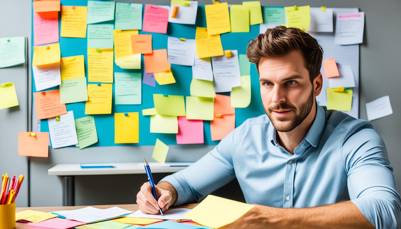 An image of a person sitting at a desk with a notebook and pen, surrounded by different colored sticky notes and index cards. The person is using a structured approach to writing down their desires, with clear categories for different areas of their life such as career, relationships, and health. The notebook is open to a page with a mind map or diagram that shows the connections between their various goals and how they can work towards achieving them. In the background, there are motivational quotes or images that inspire the person to stay focused and motivated on their manifestation journey.