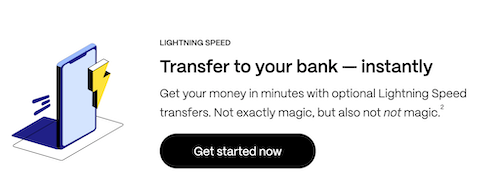 The Earnin website offering to transfer money to your bank in minutes with Lightning Speed transfers. 