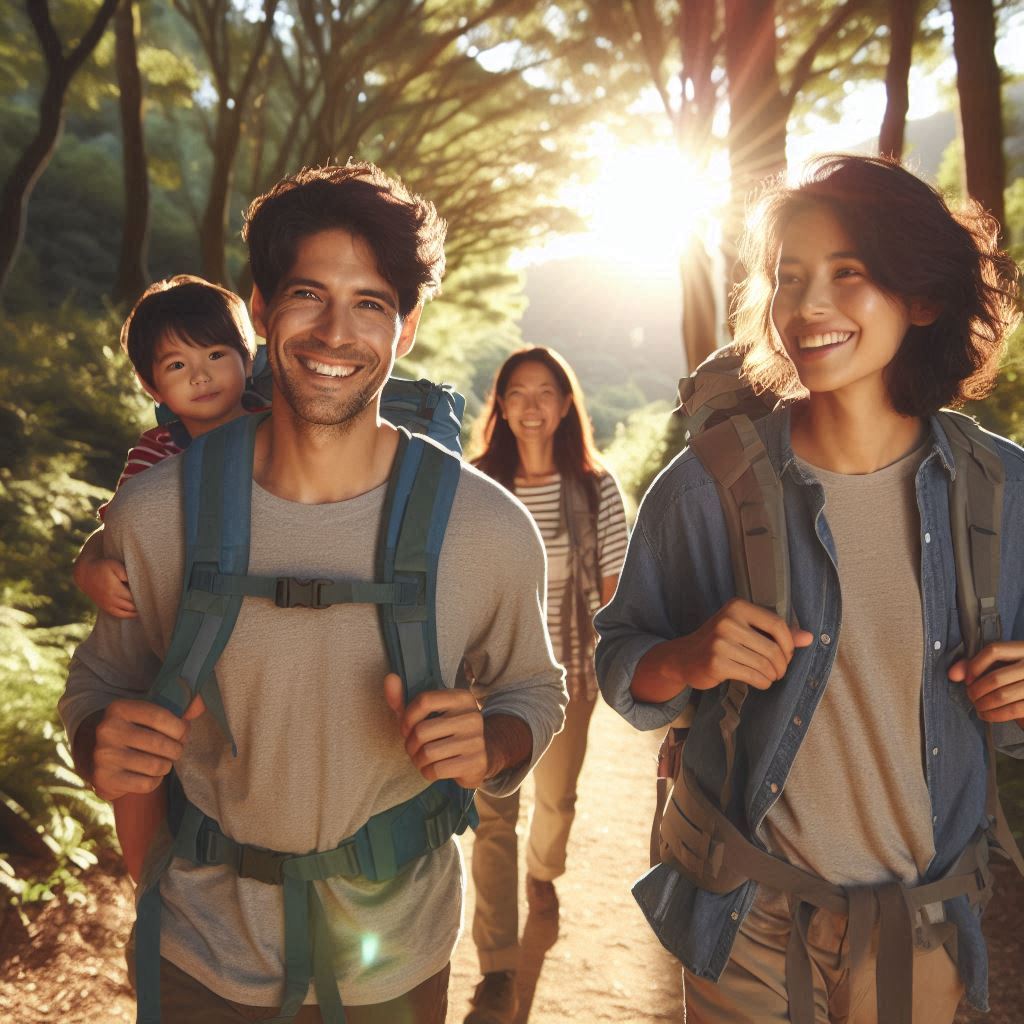 a happy family hiking on a sun-dappled trail