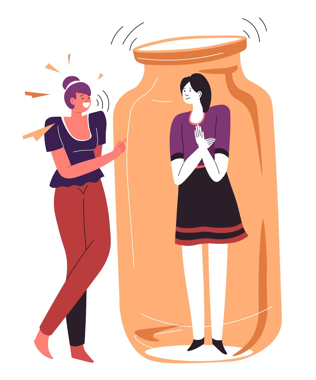 An illustration of an introvert inside a jar with a worried expression while another person stands outside smiling and pointing.