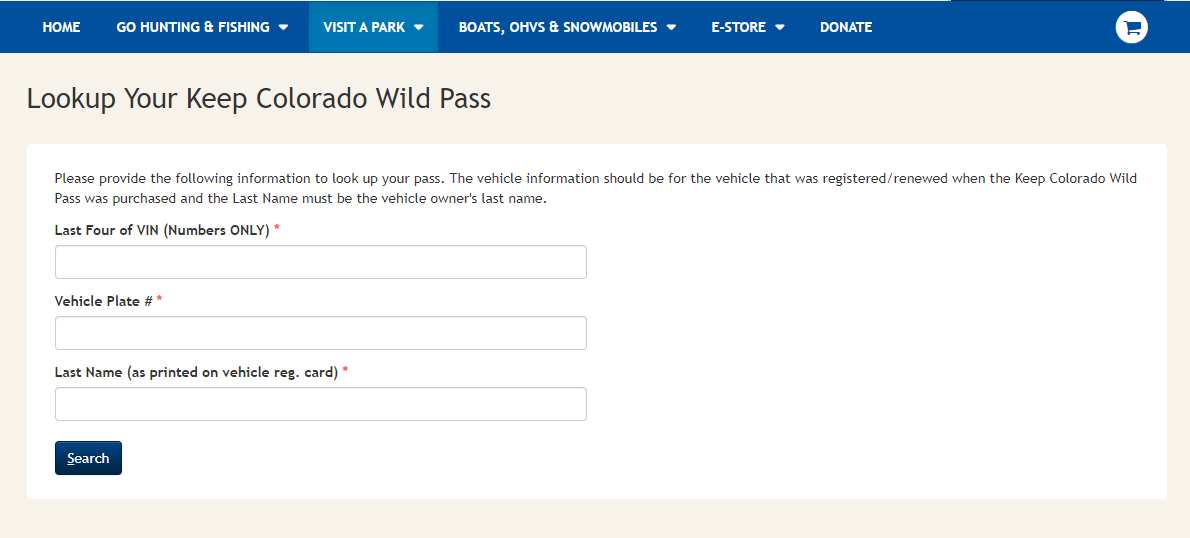 Screenshot of the lookup your Keep Colorado Wild pass screen.