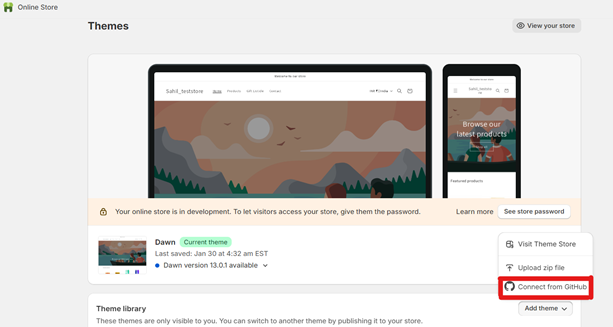 shopify theme library github connect option