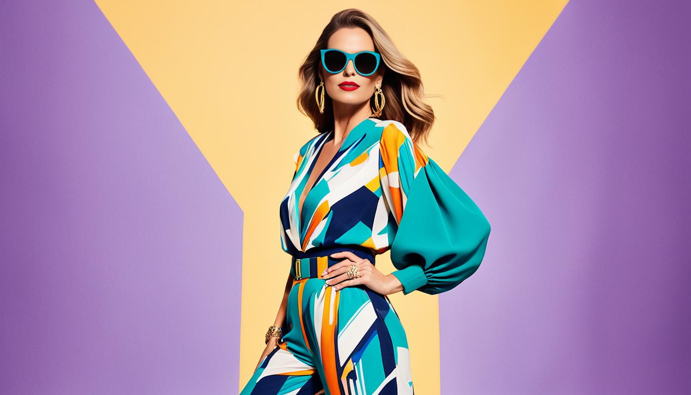 Create an image of a stylish and confident woman wearing a trendy outfit that's perfect for a night out with friends. She stands against a bright, abstract background with bold pops of color. Her outfit features a statement top with exaggerated sleeves and a pair of wide-leg pants. She accessorizes with chunky gold jewelry, oversized sunglasses, and a sleek clutch purse. Her makeup is bold and edgy, with smoky eyes and a bright red lip. Her hair is styled in loose waves, adding to her effortless yet glamorous look.