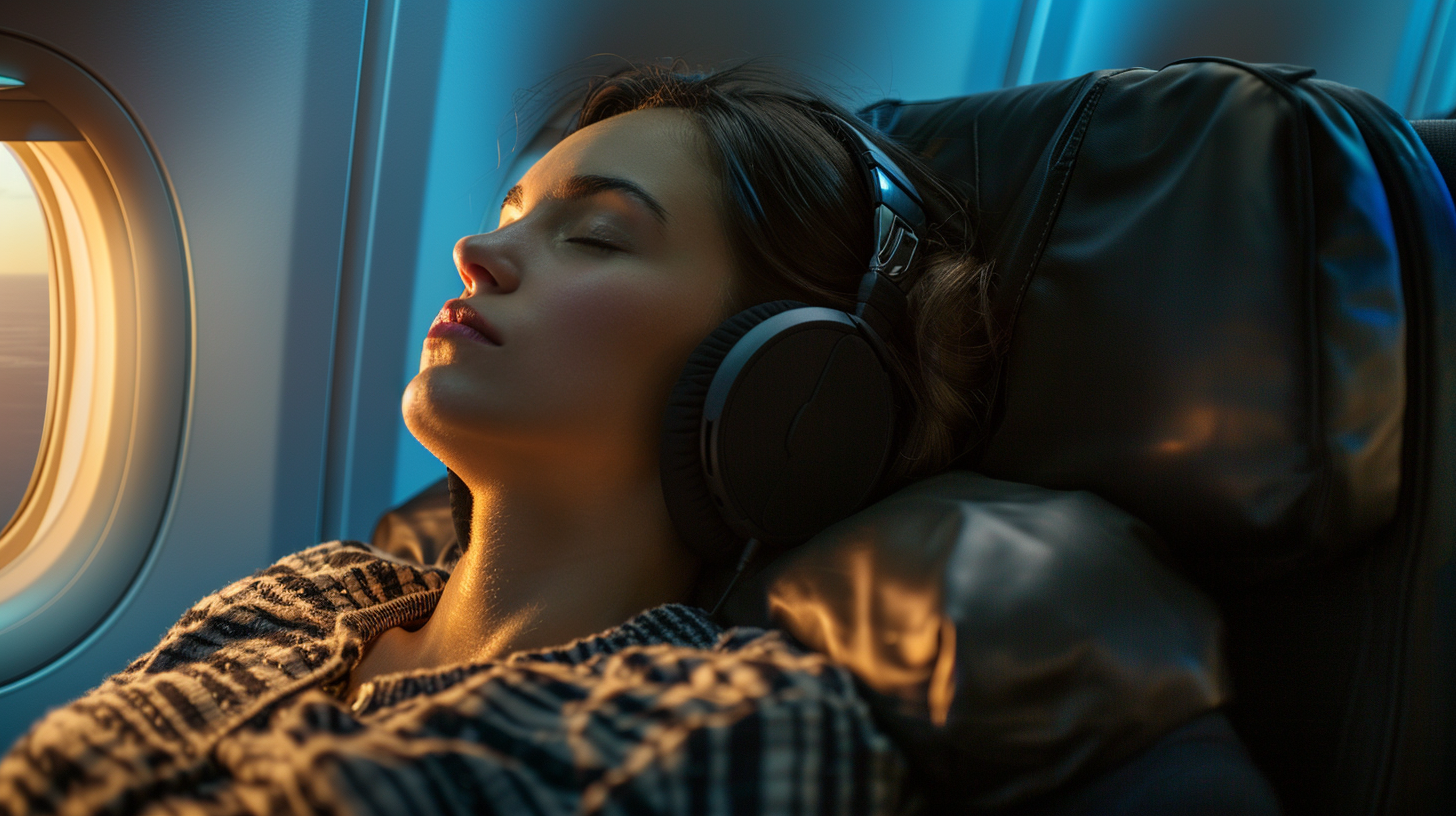 A female traveler wearing noise-canceling headphones while sleeping during a flight.