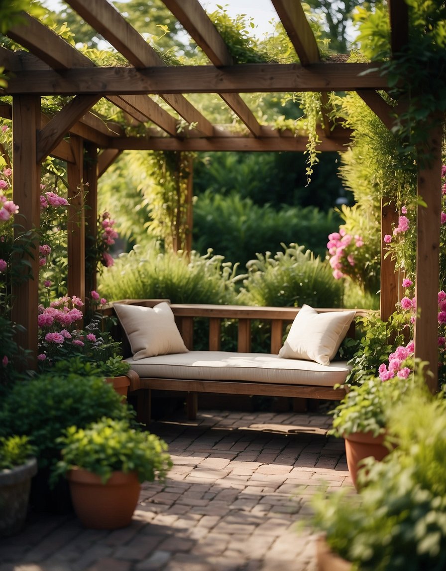 A pergola with built-in seating surrounded by lush greenery and blooming flowers, creating a serene and inviting outdoor space