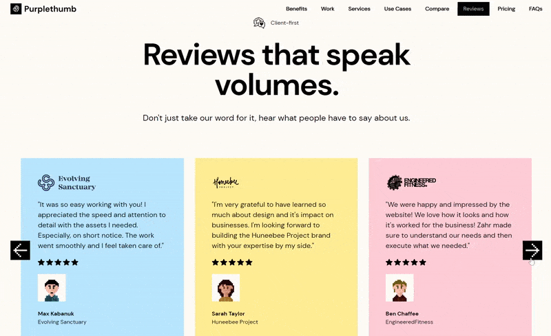 A webpage for Purplethumb showcasing client reviews and star ratings as social proof of their service quality.