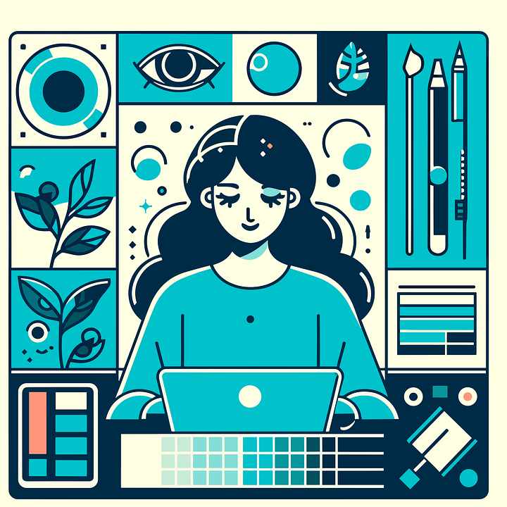 Graphic of a woman working on laptop design with teal-colored elements around her