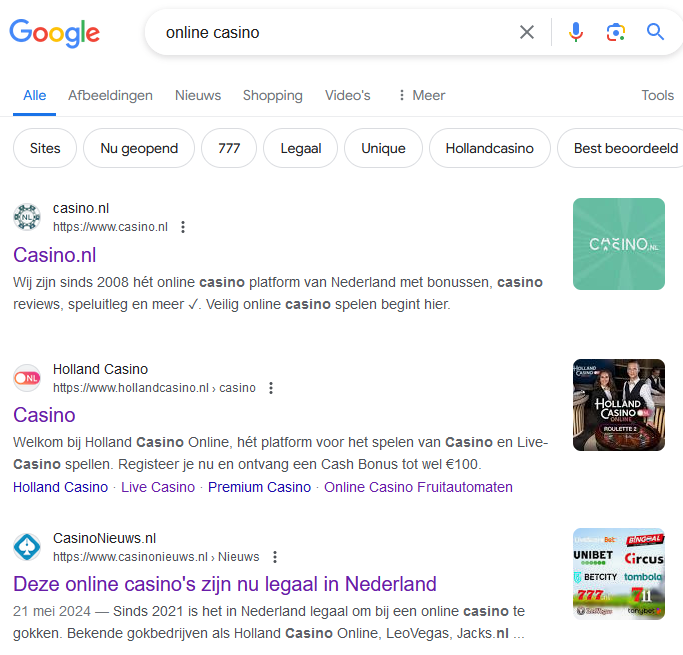 Google zoekresultaten schermafbeelding zoekopdracht online casino