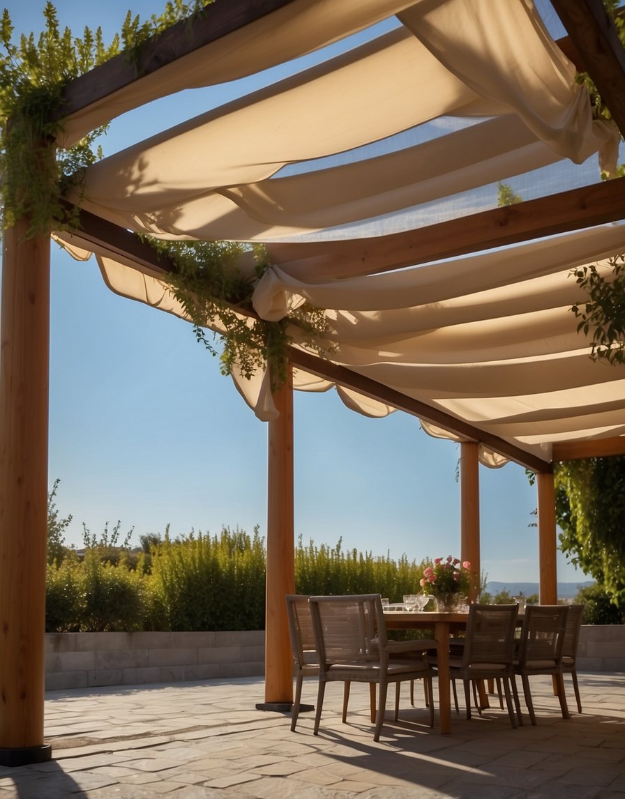 A pergola stands draped with sheer fabric, gently billowing in the breeze, creating a serene and elegant outdoor space