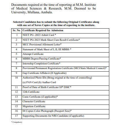 Documents Required for PG Admission at Institute of Medical Sciences and SUM Hospital  