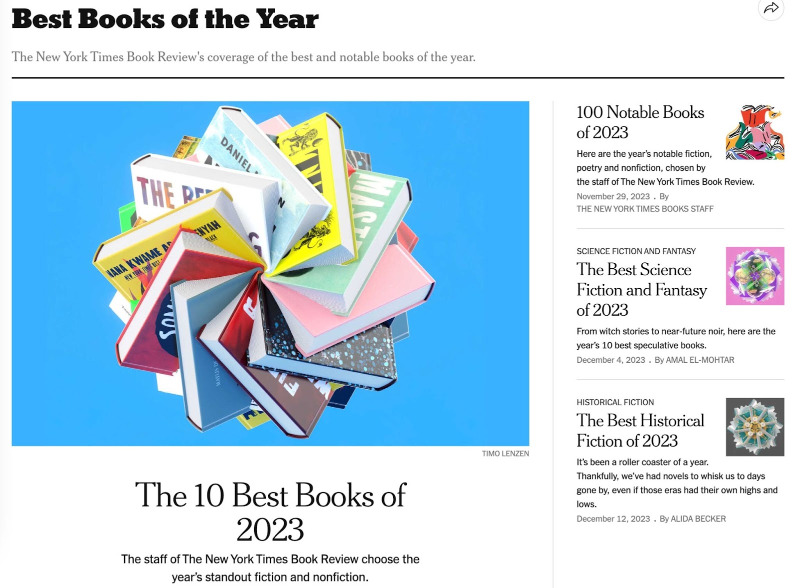 This is a screenshot of the "Best Books of the Year" year in review from New York Times Book Review for 2023.