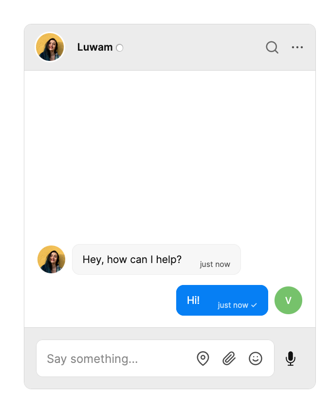 A chat window showing a conversation between Luwam and a visitor. Luwam asks: ‘Hey, how can I help?’ and the visitor responds: ‘Hi!’. Luwam has a personal profile picture, while the visitor’s avatar is the letter ‘V’ against a green background.