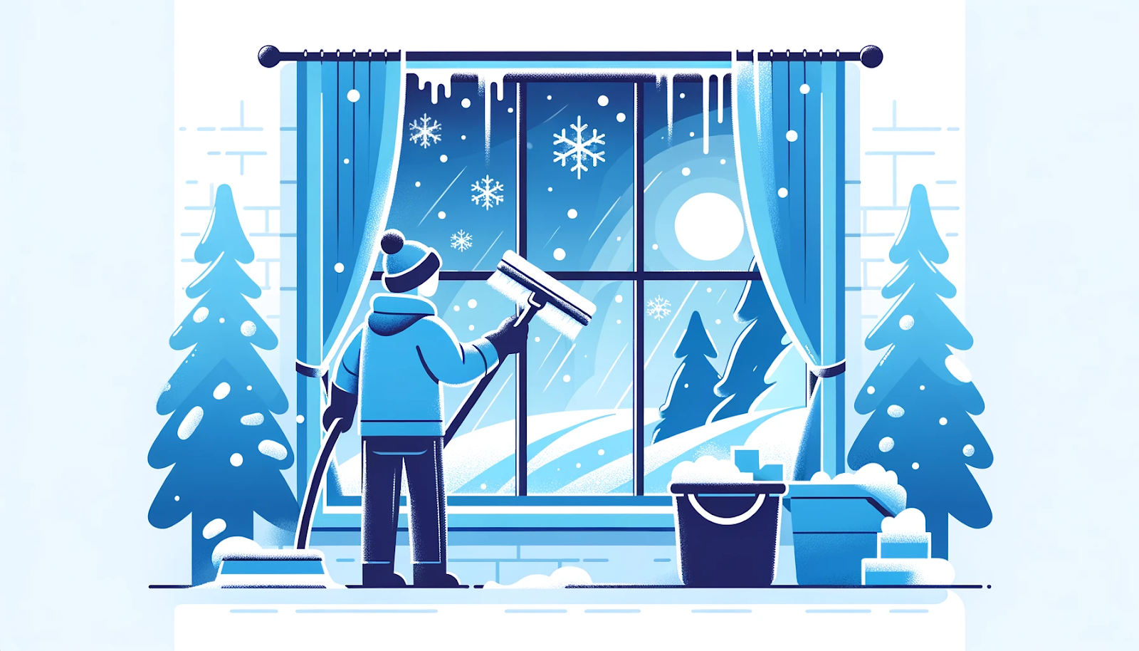 Illustration of window cleaning in winter. The image shows a person cleaning windows with cold weather and snow in the background. The color scheme includes cool and icy tones to represent the winter season.