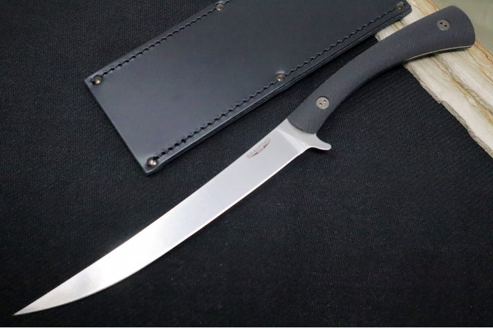 An image showcasing the Bradford fillet knife with an N690 blade. Next to the knife is a black leather sheath.