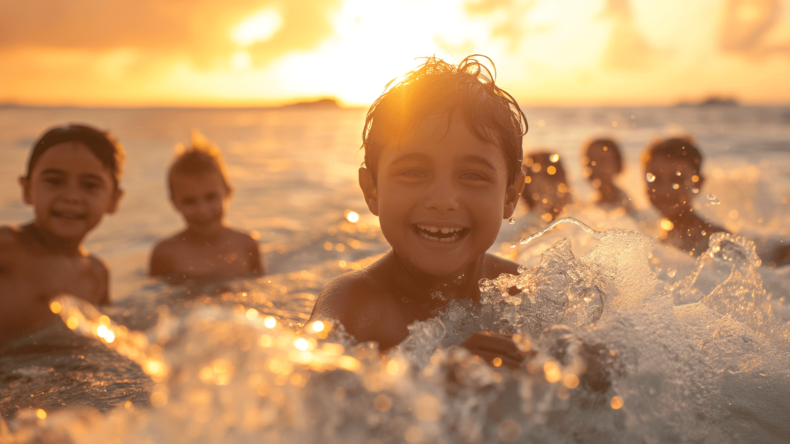 Kids enjoying a swim at a beach in the Maldives at sunset