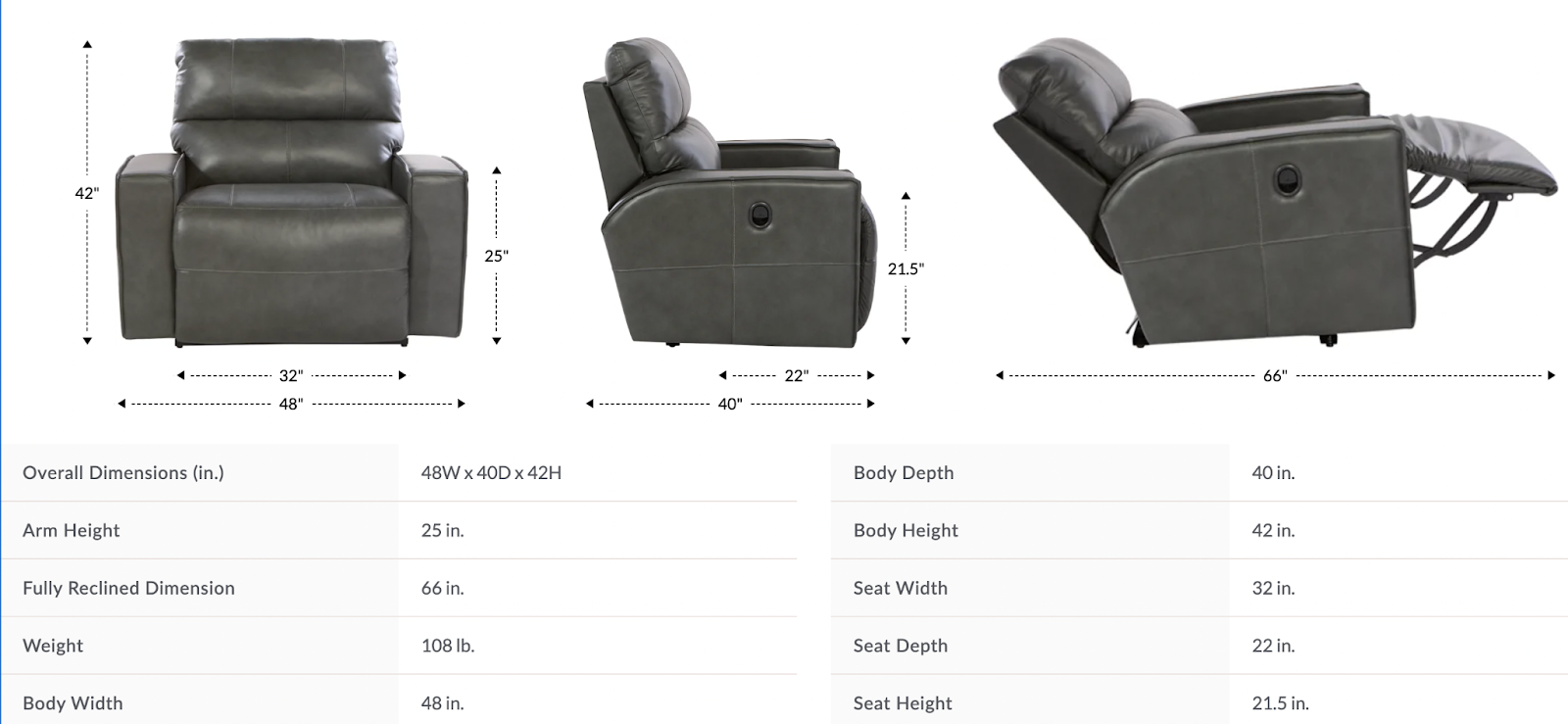 maddox reclining chair and a half dimensions