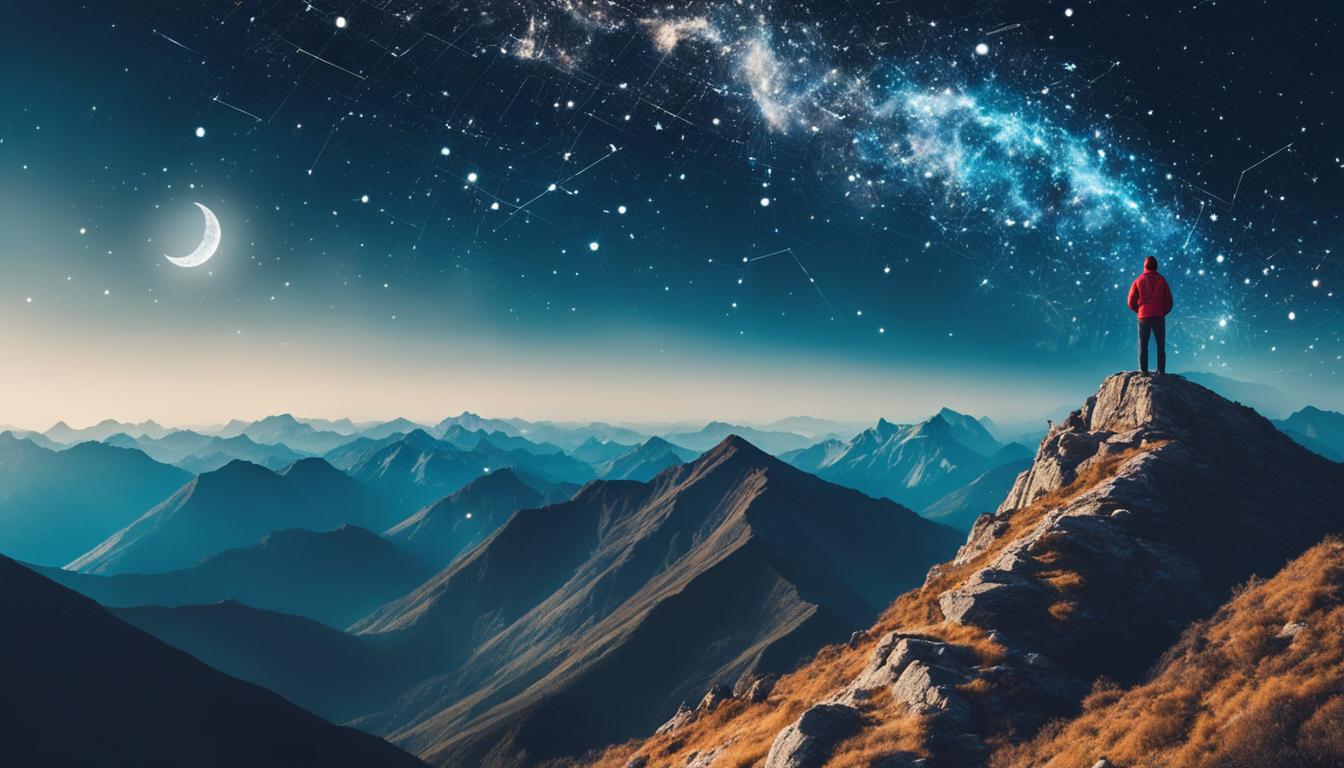 A person standing calmly on a mountain peak, gazing at a bright future ahead. The sky is filled with stars and the moon illuminates everything around. In the distance, there are various symbols and images that represent the goals and dreams the person wishes to achieve. They are all interconnected with each other, forming a network of pathways that lead towards success. The person's body language exudes confidence and determination, as if they have already achieved their desired outcome. The overall mood of the image is one of hope, inspiration, and empowerment.