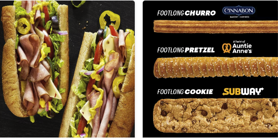 Images of food on the Subway website, including a footlong sub, a footlong Cinnabon churro, a footlong Auntie Annie's prezel, and a footlong Subway cookie. 