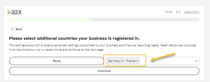 A screenshot of the A2X Accounts & Taxes Mapping questionnaire: Select the additional countries that your business is registered in.