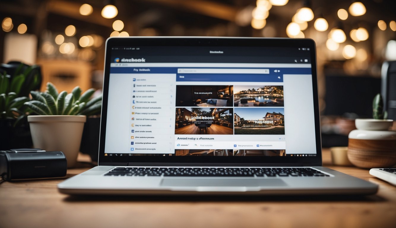 A laptop open to Facebook Marketplace, surrounded by various products, a notepad with strategies, and a smartphone for communication