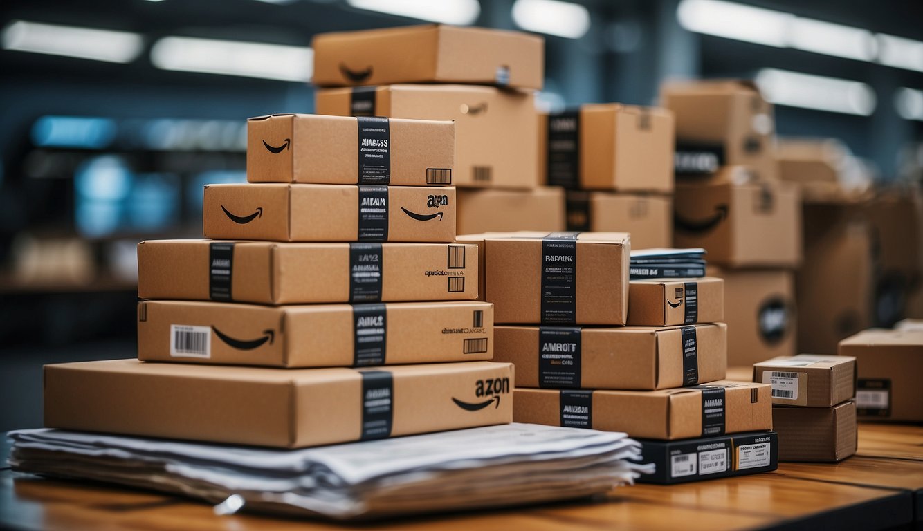 A stack of Amazon packages with the FBA logo, surrounded by charts and graphs showing sales data and market trends