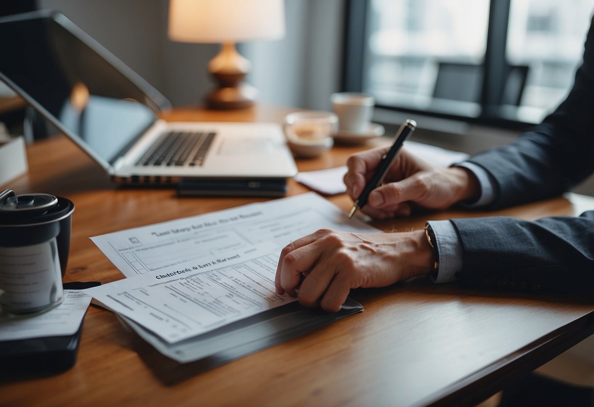 A landlord checks tenant's right to rent using official documents and a checklist in a well-lit office setting