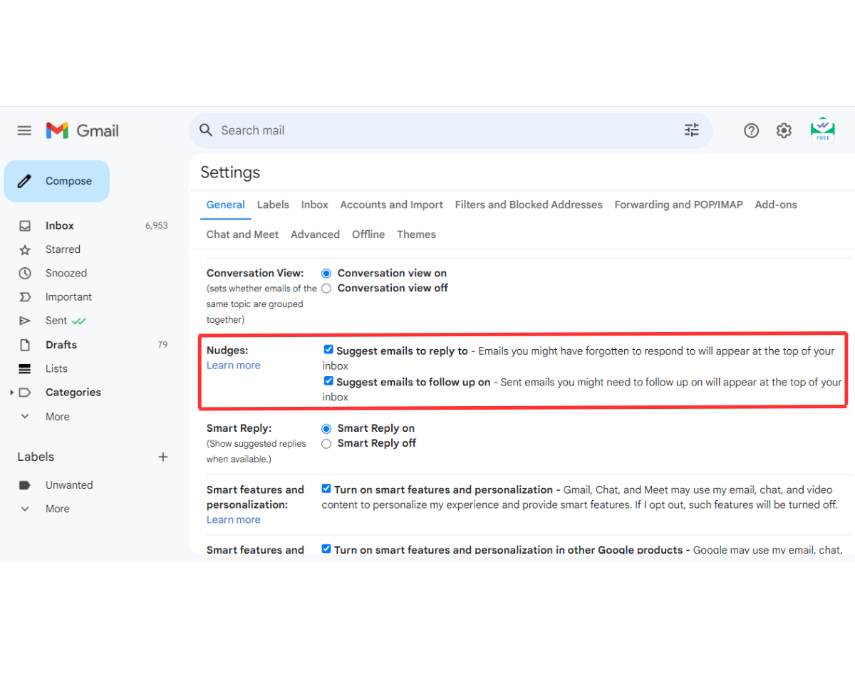 Steps for setting up a Gmail account for follow-up reminders - in the settings window, go to the Nudges section and check the boxes