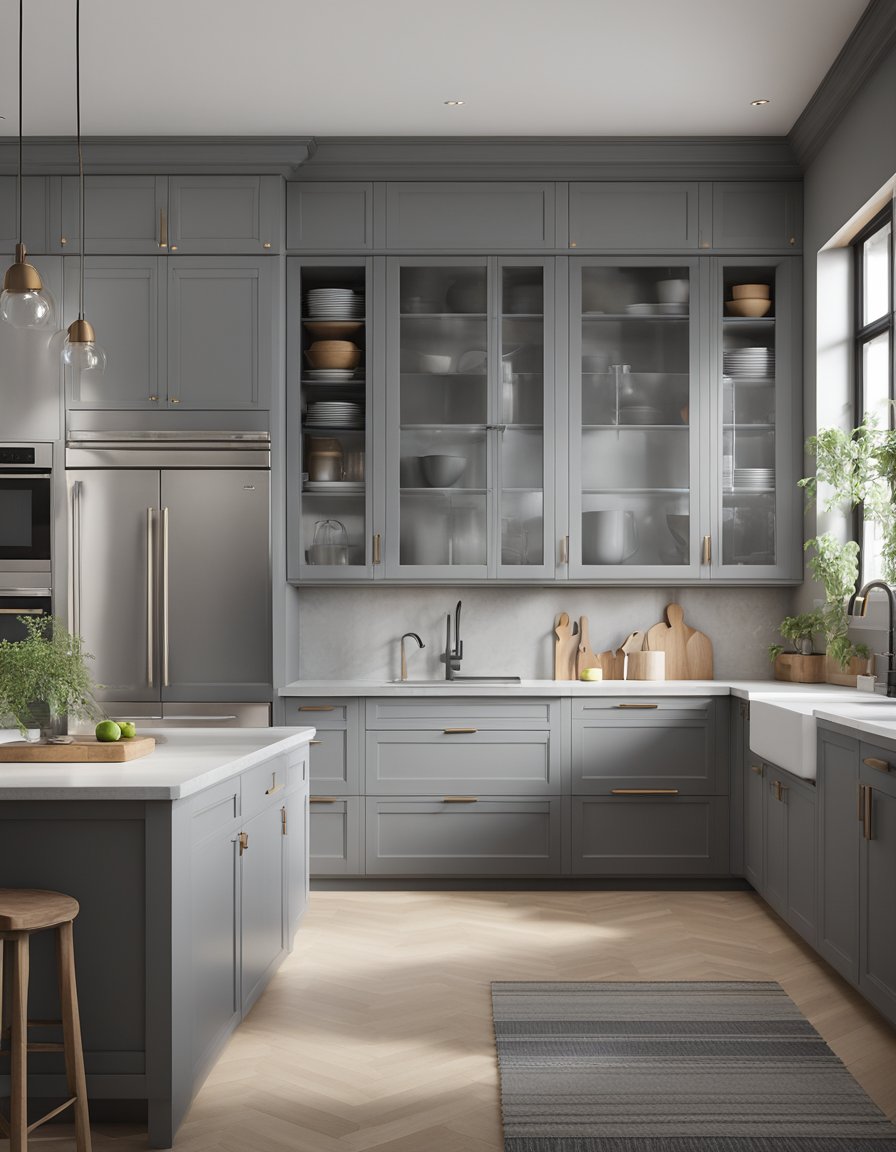 The kitchen features soft gray chalkboard walls and 33 light gray cabinets