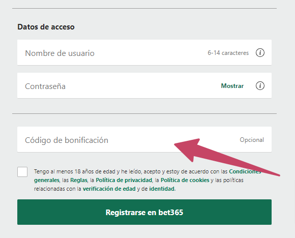 código bonus bet365 