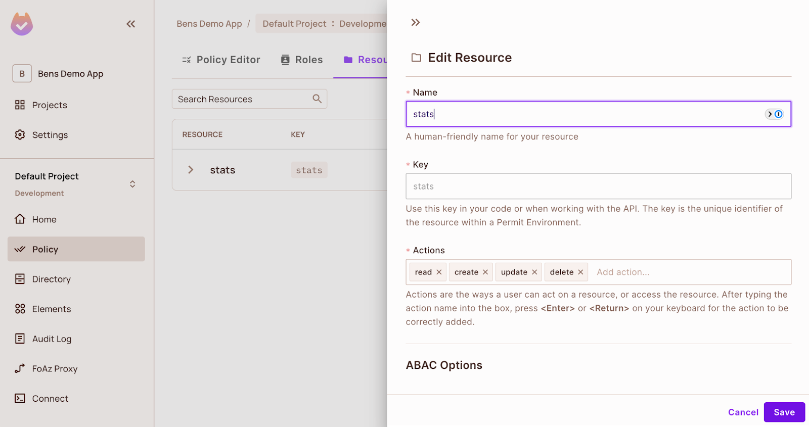 Screenshot of Permit.io's Resource section in the Policy Editor with the Edit Resource interface showing the values for a "stats" resource.