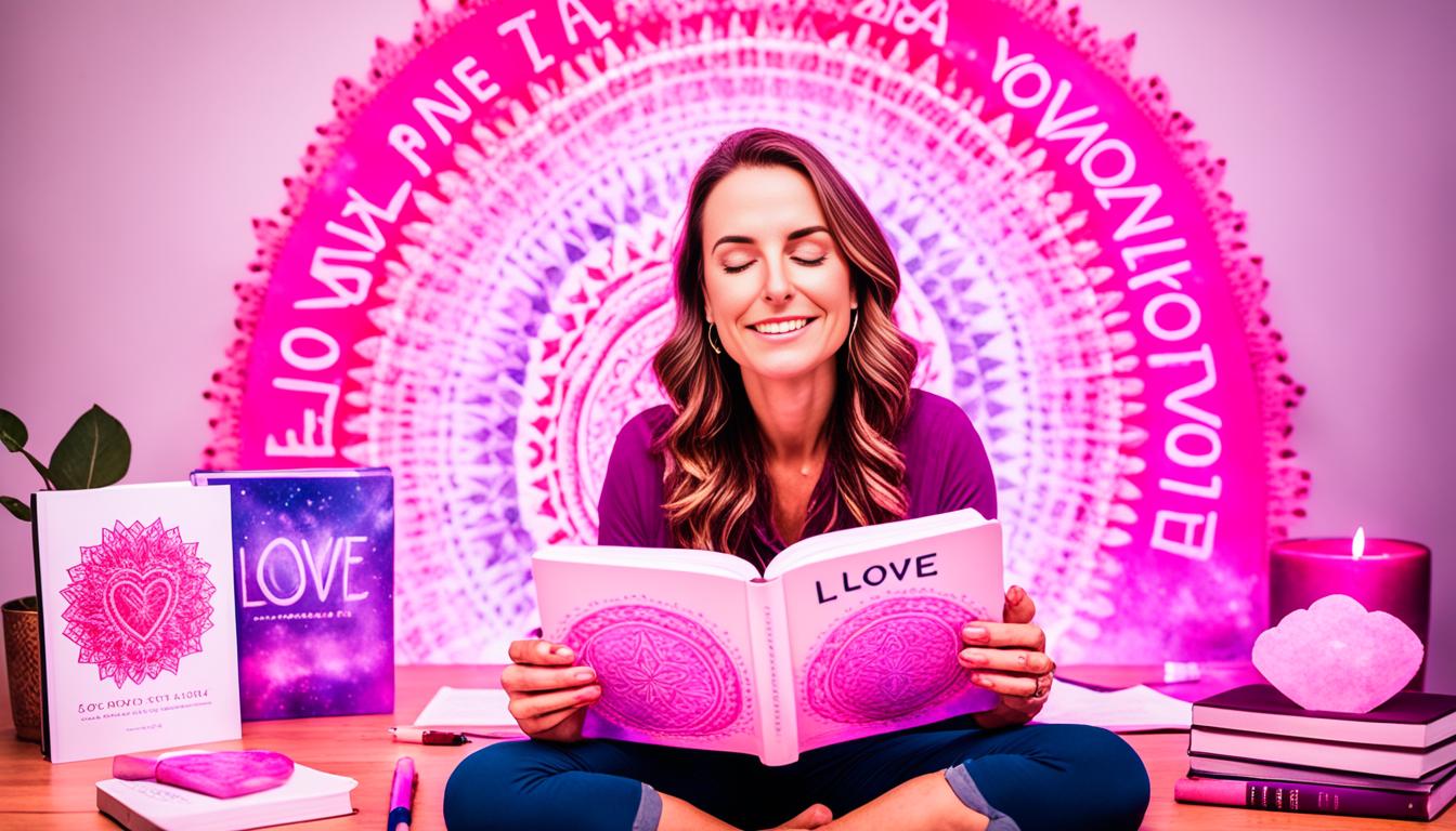 A person sitting in a cross-legged position with their eyes closed, surrounded by a vibrant pink aura. In front of them, there is an open book with the word "Love" written on it, and a pen next to it. The person is holding a rose quartz crystal in each hand, and behind them, there is a heart-shaped mandala.