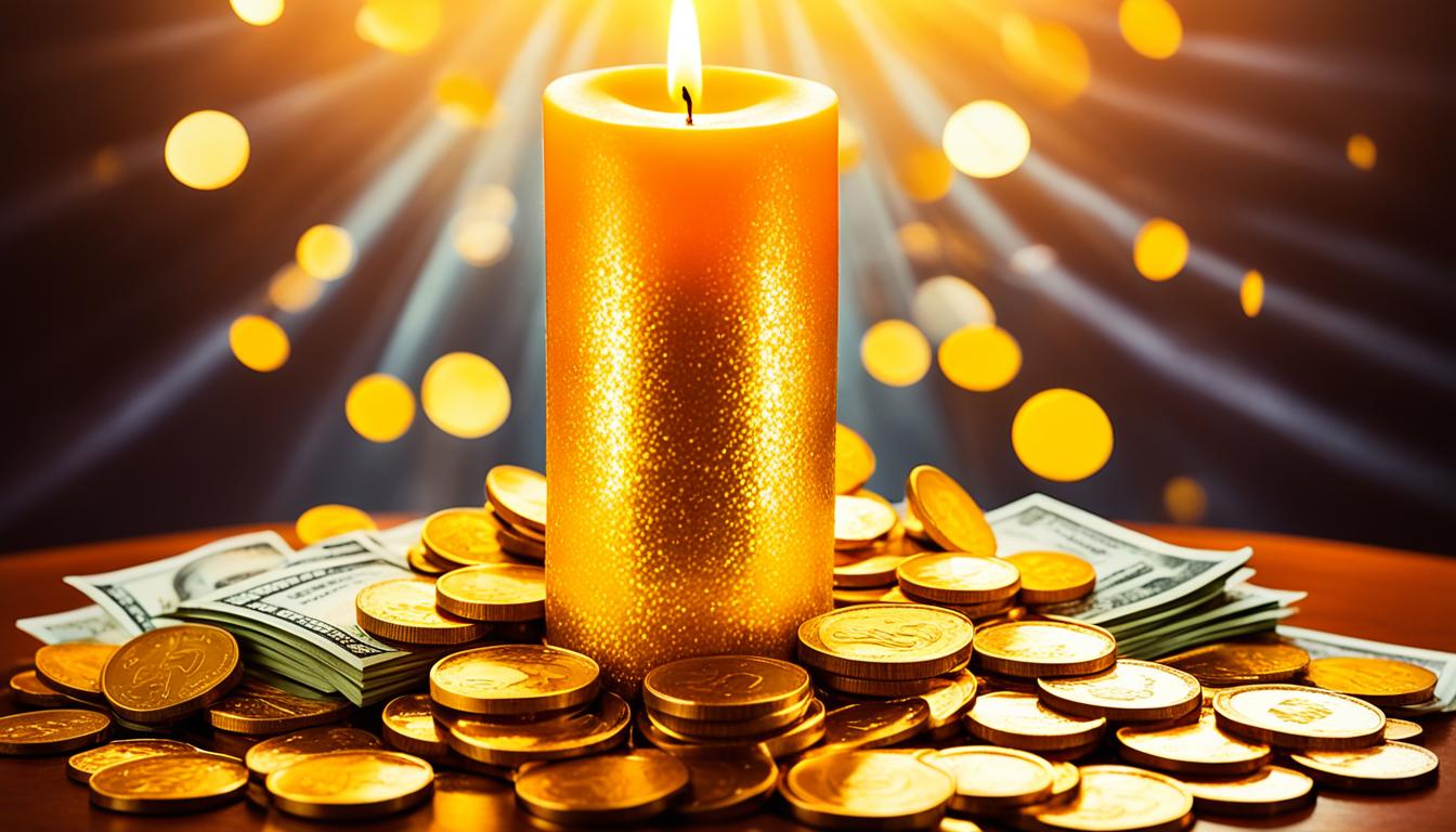 A glowing candle surrounded by golden coins and cash, radiating a powerful energy that attracts wealth and abundance. The flame flickers with the intensity of the universe's energy, while the coins glitter with a promise of financial success. The background is filled with a warm yellow and orange glow, signaling the dawn of a new prosperous era.