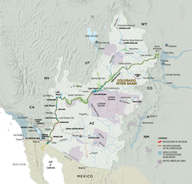 A map showing the Colorado RIver's path from Colorado to the Gulf of California in Mexico.