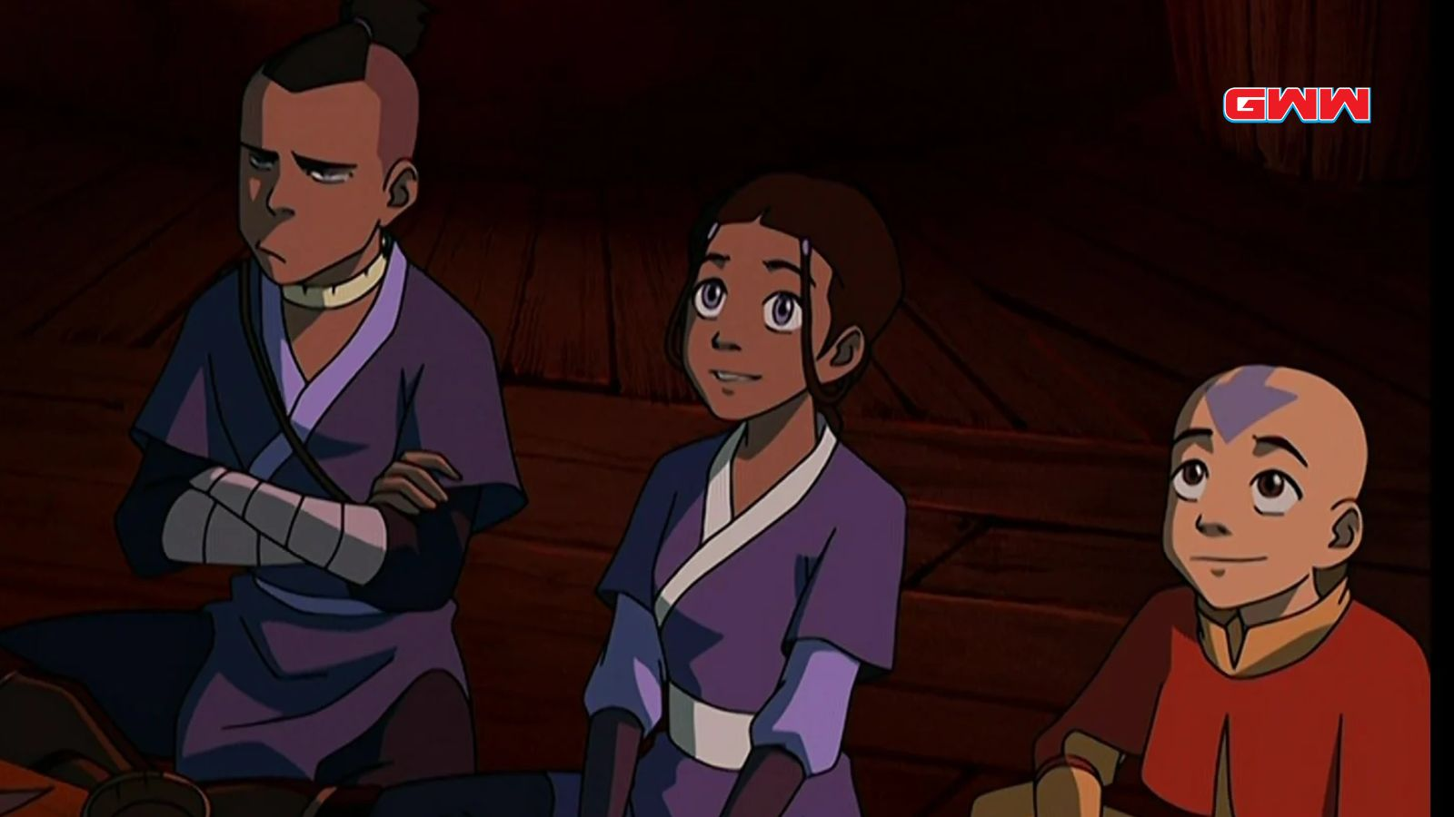 Aang sentado con Katara y Sokka, ¿es Avatar un anime?