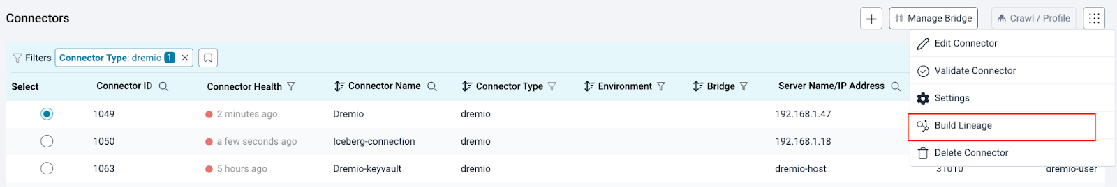 Build lineage for Dremio